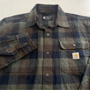Carhartt Heavyweight Flannel Shirt Loose Fit Work Green Brown Plaid Men’s Small